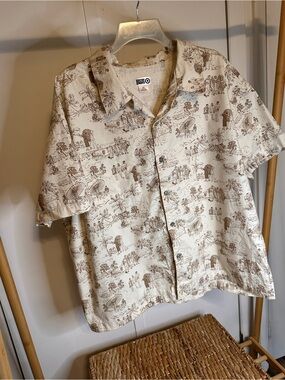 Target Men's Short-Sleeve Button-Down Shirt in Cream with Brown Print